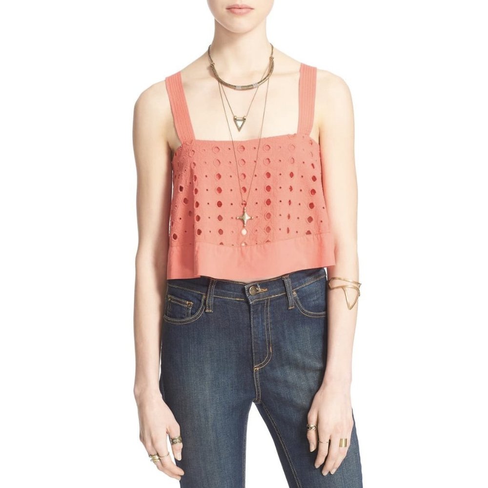 Free People By My Side Cotton Tank Crop Top Coral Large